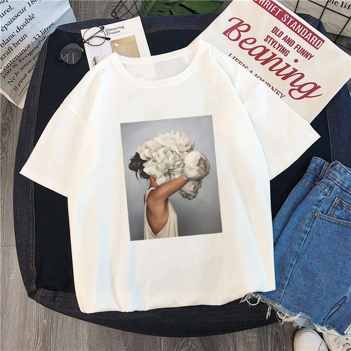 Tshirt new 2019 tshirt  Europe and America flowers print short-sleeve women's T-shirt