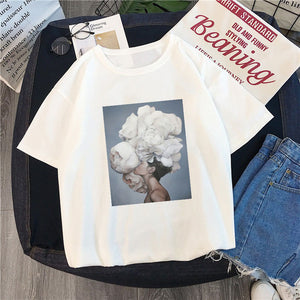 Tshirt new 2019 tshirt  Europe and America flowers print short-sleeve women's T-shirt